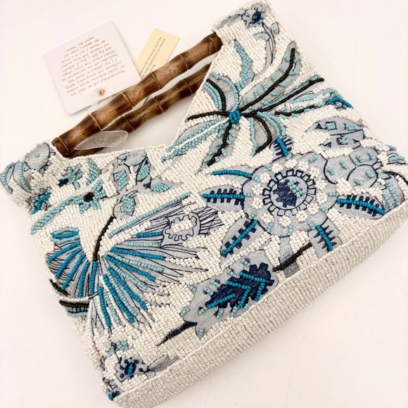 Artisan Made Handbags - Artisan Hand Beaded Floral Bamboo Handle Bag Blue White Tropical Satchel NWT